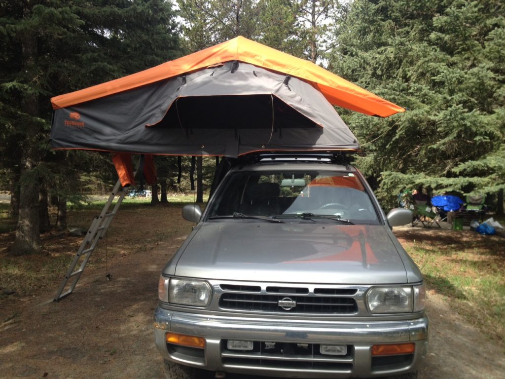 Treeline's base model tent, strapped to our Pathfinder for our trial.