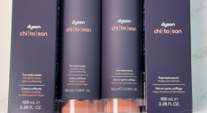 Dyson Chitosan hair care product bottles side by side.