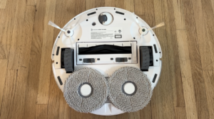 Underside of T20 floor bot showing two fluffy microfibre washing pads.