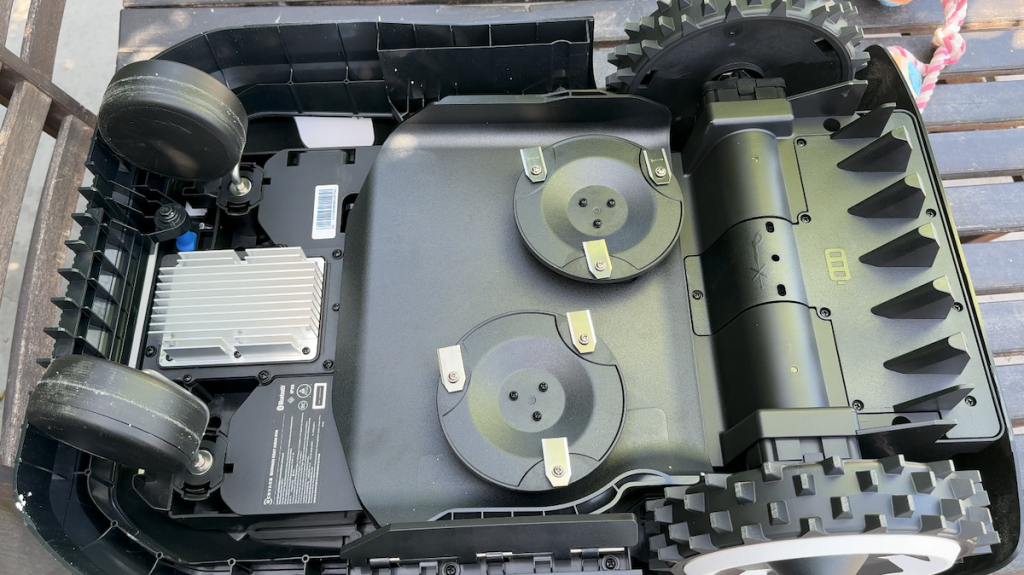 Underside view of goat robot lawnmower showing two blade array and six total individual blades.