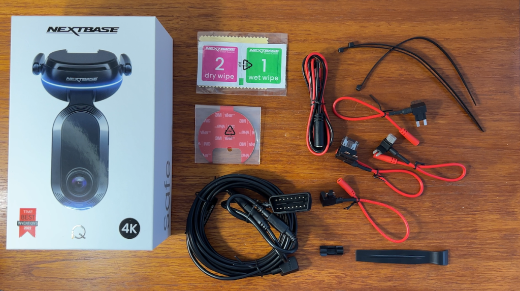 Nextbase iq dashcam review flat lay of all components in the box.