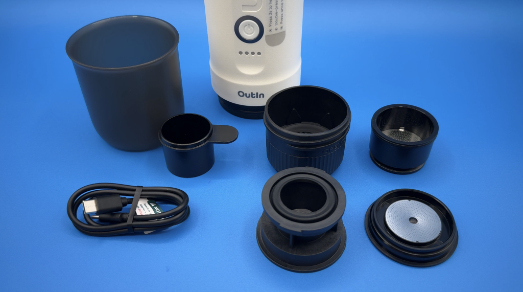 Outin Nano portable espresso machine all parts laid out.