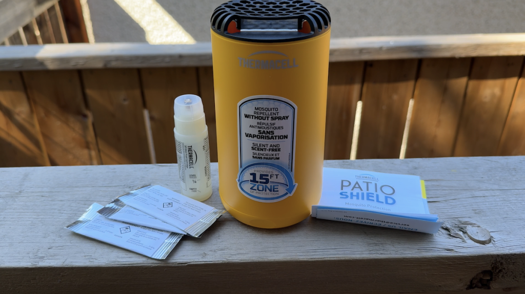 Thermacell Patio Shield on a table with all contents from the box.